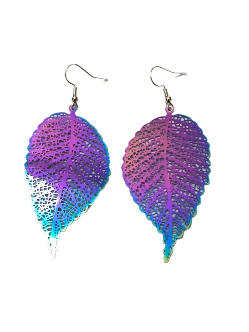 Rainbow leaf earrings handmade light metal